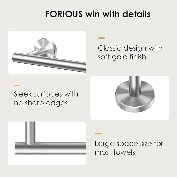 FORIOUS Towel Racks for Bathroom Wall Mounted, Stainless Steel Bathroom Towel Rack 24 Inch, Includes Wall Mounting Hardware (Brushed Nickel, Total Length 26-Inch), 2 Pack