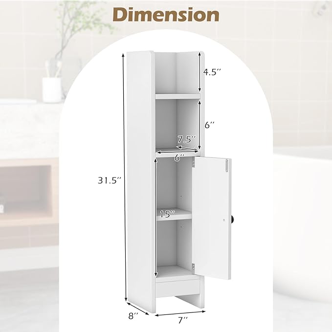 LOKO Narrow Bathroom Storage Cabinet, Modern Small Corner Floor Cabinet with 3-Level Adjustable Shelf, Slim Toilet Paper Holder Stand for Small Spaces, Laundry Room, Kitchen (White)