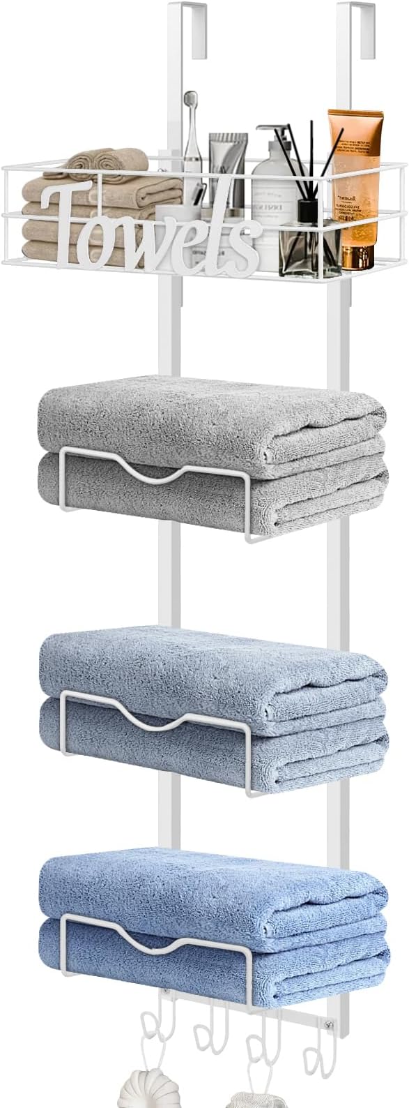 Over The Door Towel Racks, No Drill Towel Storage with Basket & Hooks, Space-Saving Multi-Functional Towel Holder for Bathrooms, bedrooms, Apartments, RVs (White, 5 Tier)