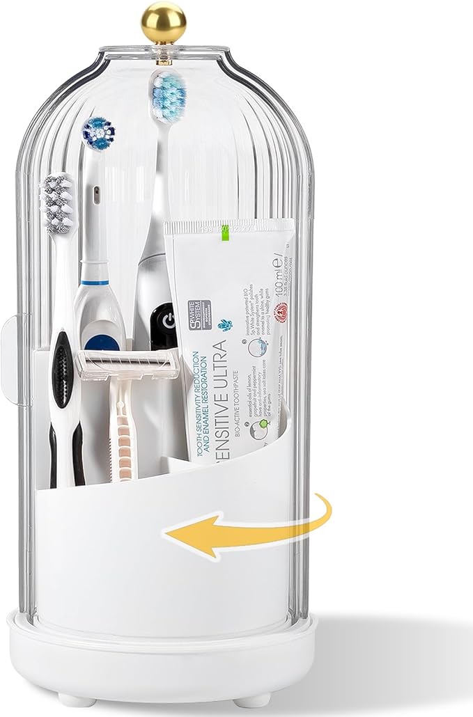 Rotating Toothbrush Holders with Cover, Dustproof Toothbrush Holder with Sliding Lid Electric Tooth Brush and Toothpaste Organizer for Bathroom, Makeup Brush Holder for Vanity, White