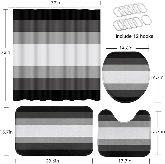 Black Grey Shower Curtain Set with Toilet Lid Cover and Non-Slip Rugs for Bathroom, Modern Striped Lines Gray Ombre 4 Pcs Shower Curtain, Simple Abstract Bathroom Set with 12 Hooks