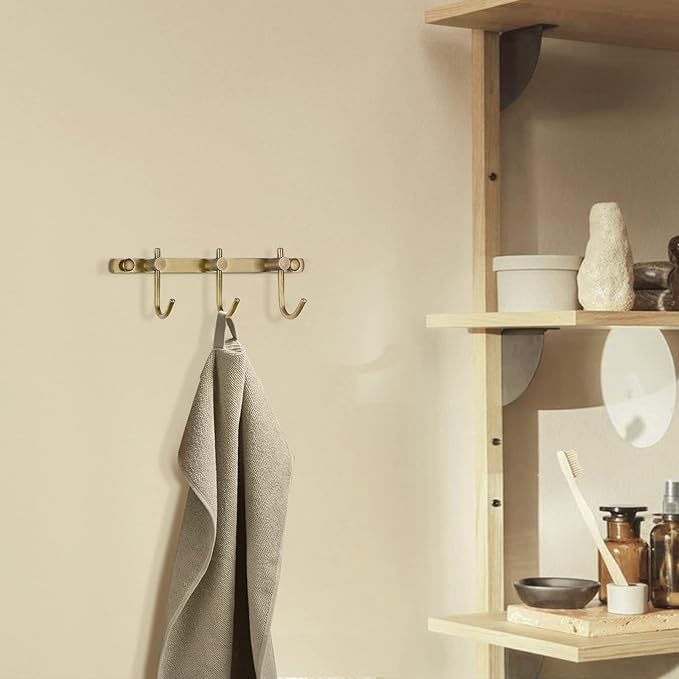 WINCASE Antique Brass Towel Hook Rack, Brushed Wall Hooks with 3 Hooks - Rustic Bath Coat Hook Holders