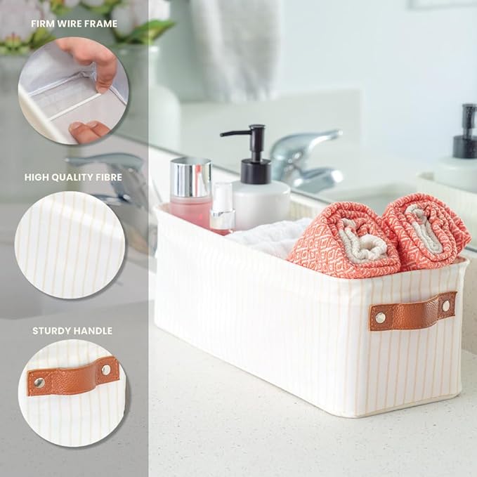 OrganiHaus 15x6in Canvas Storage Baskets 2 Pack | NARROW Fabric Bins for Shelves | Bathroom & Toilet Paper Organizer | White Striped Brown
