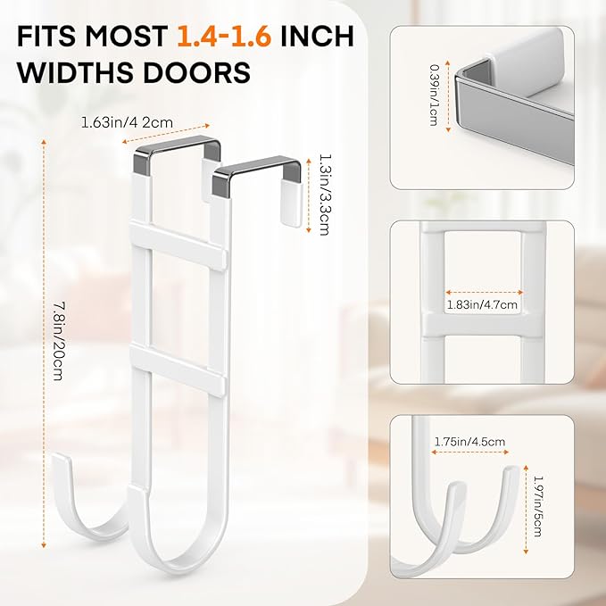 FYY Over The Door Hooks - 4 Pack Heavy Duty Double-Hanger Organizer for Bathroom Bedroom Dorm, Hanging Clothes Towels Hats Bags Ironing Board Wreath Robe - Fits Interior Doors Up to 1.6” White
