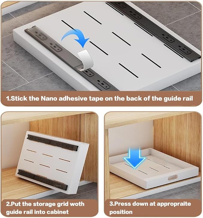 bealy 1 Pack Pull Out Cabinet Organizer Adhesive, 12'' W x 16.9" D x 3.1'' H Heavy Duty Carbon Slide Out Pantry Shelves, Sliding Drawer Pull Out Pantry Shelves for Kitchen, Living Room, Home