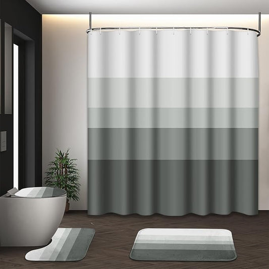 Striped Grey Shower Curtain Set with Toilet Lid Cover and Non-Slip Rugs for Bathroom, Minimalist Neutral Ombre 4 Pcs Shower Curtain, Modern Bathroom Set with 12 Hooks
