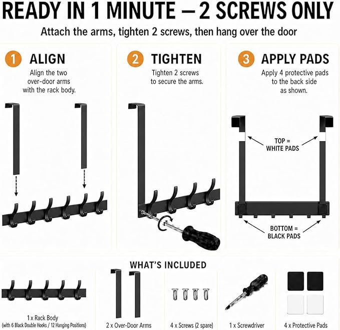 Peasulin 2 Pack Large Over The Door Hooks, Sturdy Door Hanger with 12 Hooks, Door Towel Rack for Bathroom, Bedroom, Kitchen, Coat Rack for Hanging, Easy to Install (Black)