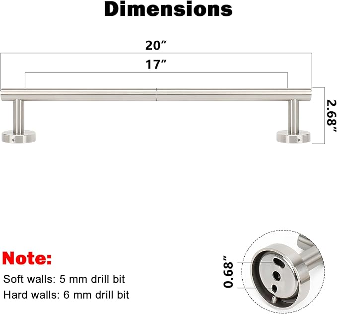 NearMoon Bath Towel Bar, Thicken Stainless Steel Shower Towel Rack Holder Wall Mounted for Bathroom, 20-lnch Overall Length-17-lnch Usable Hanging Space (1 Pack, Brushed Nickel)