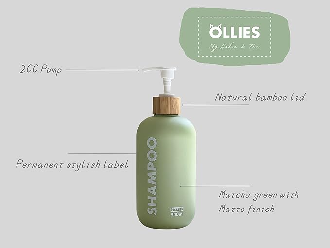 OLLIES Shampoo and Conditioner Dispenser, Shower Soap Dispenser for Bathroom, Set of 3 with Permanent Stylish Label, 17oz, 500ml Refillable Shampoo and Conditioner Bottles Green