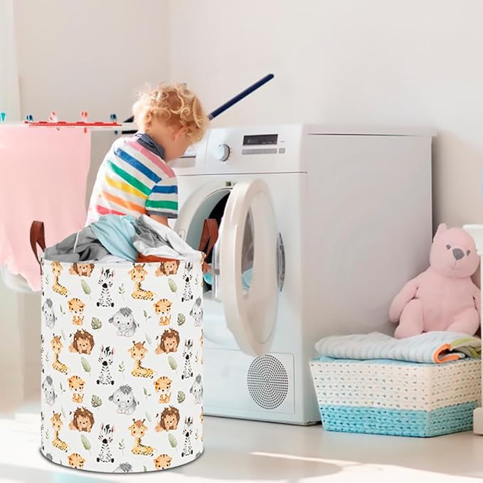 CLOCOR Round Collapsible Flat Storage Basket,Space-Saving Fabric Laundry Hamper for Clothes,Nursery Hamper,Gift Basket(Cute Animals)