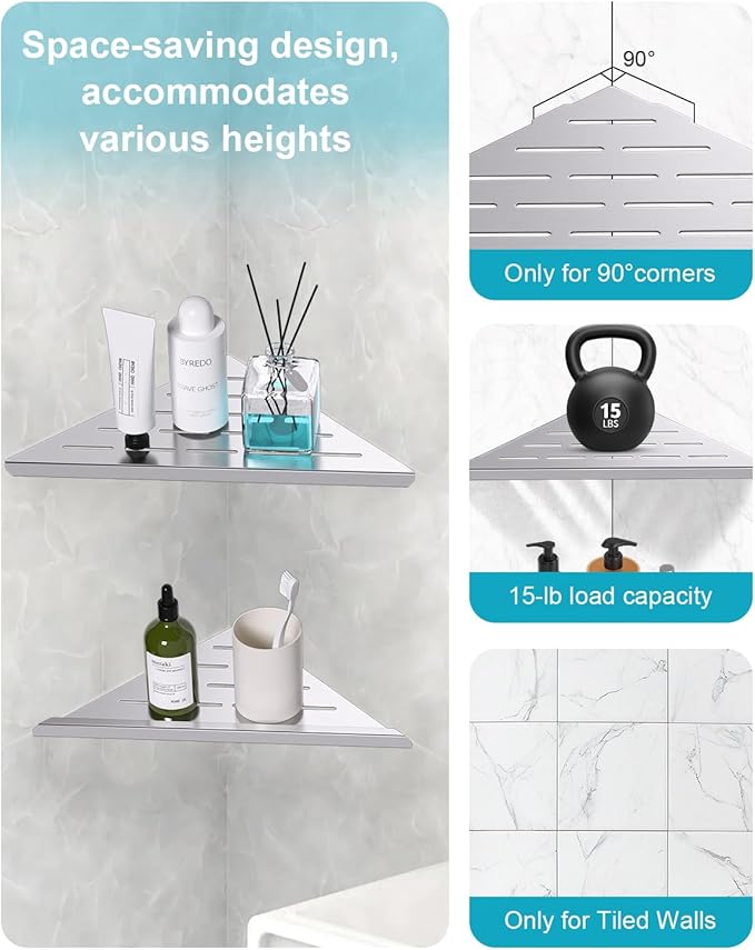 YACVCL Corner Shower Shelf,Brushed Nickel 304 Stainless Steel 10" Slot Design Recessed Corner Shelf Bathroom for Tiled Wall,No-Drill Rack Storage Bathroom Accessories,2 Pack