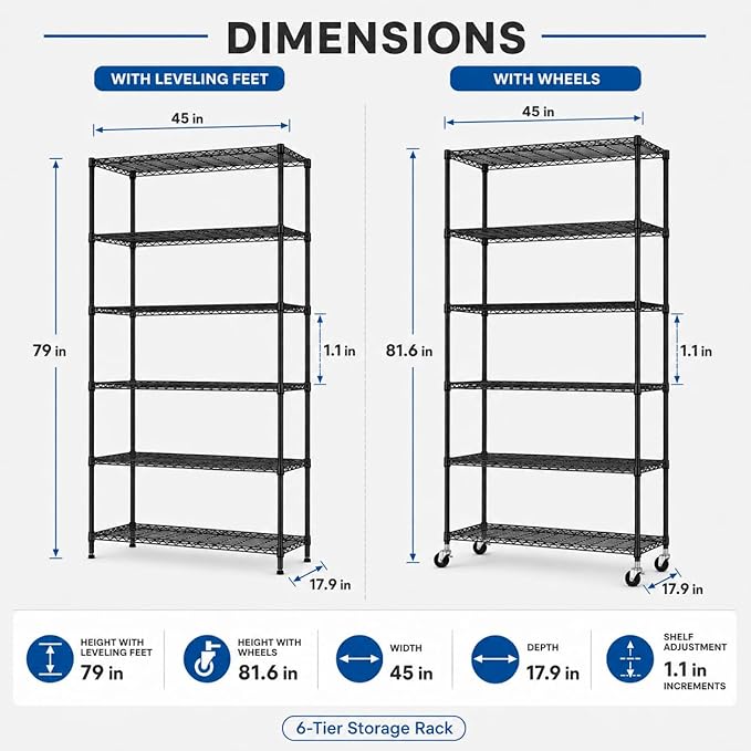 6 Tier Shelf Heavy Duty Metal Shelving Unit with Wheels, Adjustable Wire Storage Shelves 2100LBS Capacity, Garage Shelving for Pantry, Kitchen, Closet, Black, 18" D x 45" W x 82" H