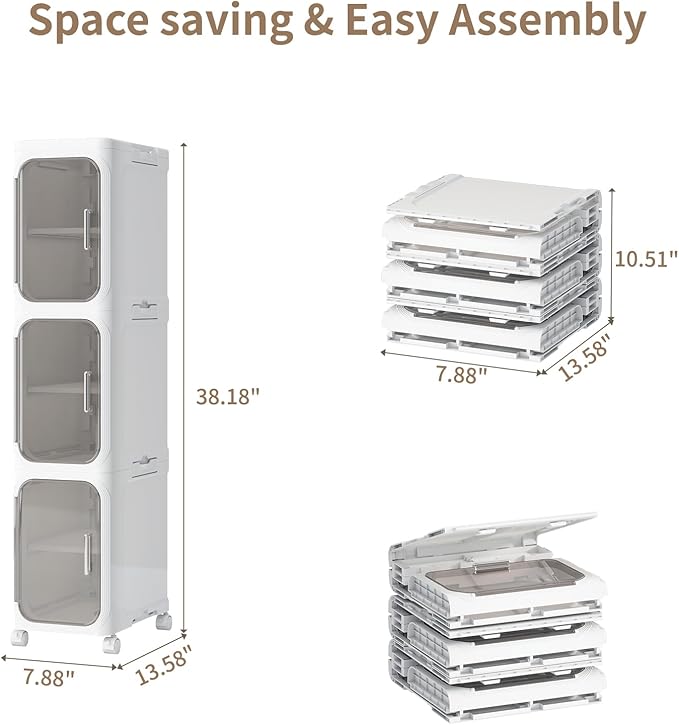 Neathub 3-Tiers Slim Bathroom Storage Cabinet, Foldable Storage Cabinets,Narrow Bathroom Storage,Movable Bathroom Storage Organizer for Small Spaces,Bathroom,Kitchen,Laundry,White