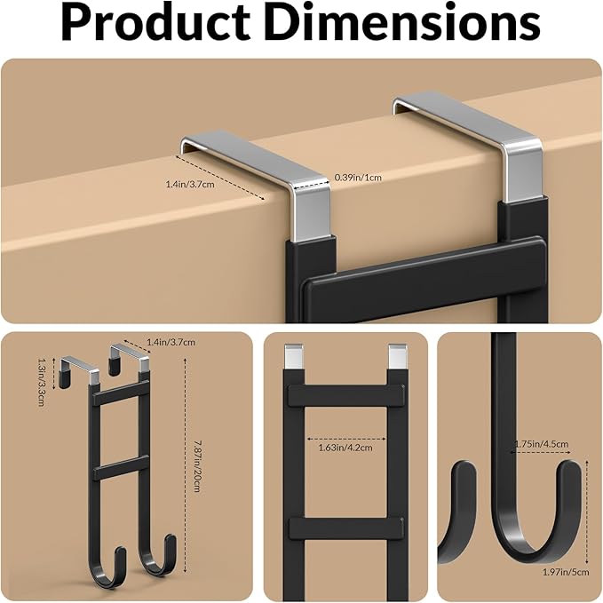 Heavy Duty Door Hooks for Hanging Clothes & Towels, 2 Pack Dual Over Door Hanger with Anti-Scratch Rubber, Rustproof Metal Back of Door Rack, Fits Interior Doors Up to 1 3/8"