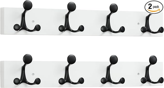 SKOLOO 24-Inch White Wood Coat Rack Wall Mount with 4 Triple Hooks - Ideal for Family Entrances, Classrooms, and Pet Supplies Storage - Perfect Coat Hooks for Wall, Pack of 2