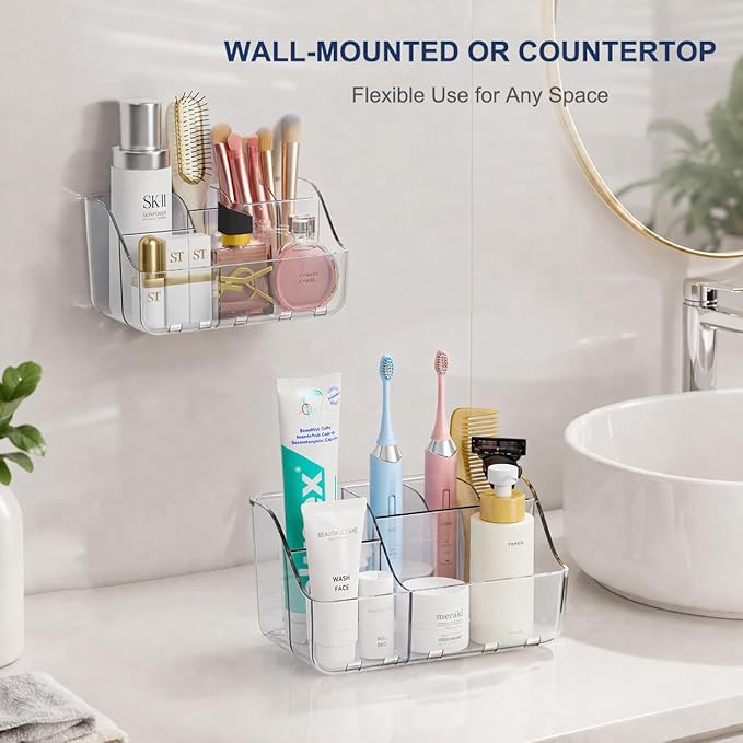 Sotfamily Clear Kids Toothbrush Holders for Bathrooms, Wall-Mounted Tooth Brush Holder & Toothpaste Holder for Bathroom Countertop or Wall, Space-Saving Bathroom Organizers and Storage(No-Drill)