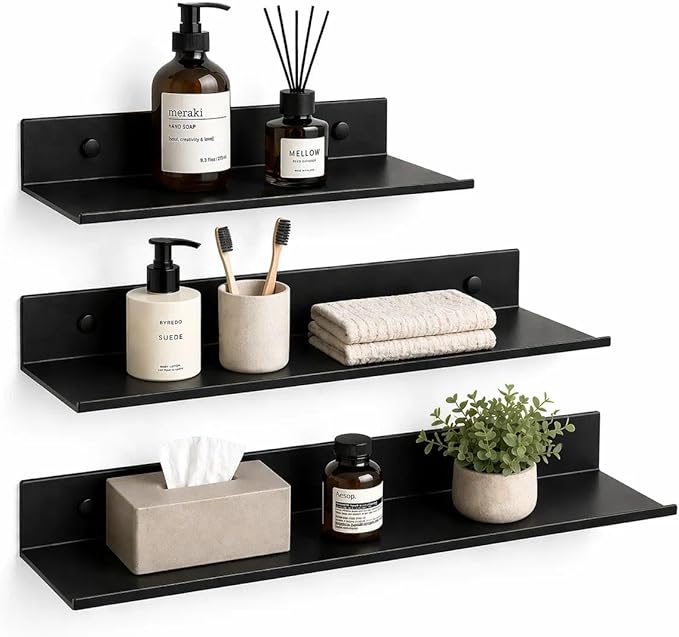 Z metnal Bathroom Shelf, Small Floating Wall Shelves, Decorative Ledge Shelf, Aluminum, Wall Mounted, Matt Black, 20/16/12 inch, 3 Set