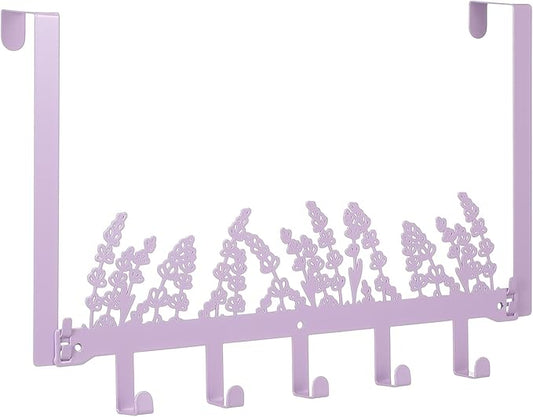 AceOrbit Purple Lavender Flower Over The Door Hooks Wall Mount Towel Hanger Cute Door Holder Rack with 5 Hooks Hanging Towel, Coat Keys, Bags, Clothes for Bedroom Bathroom Kitchen Dorm Room Organizer