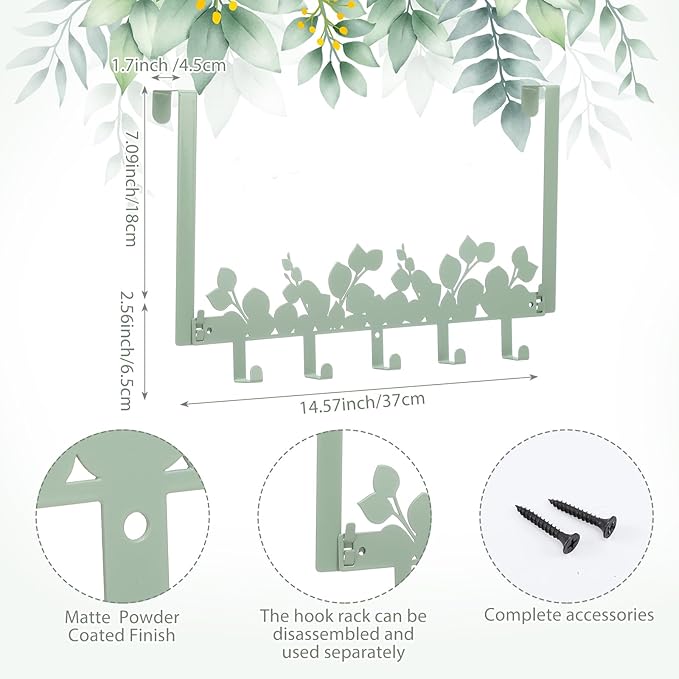 AceOrbit Eucalyptus Green Over The Door Hooks Hanger Wall Mount Towel Hanger Door Holder Organizer 5 Hooks Kawaii Farmhouse Rustic Coquettish Style Decor for Bedroom Bathroom Towel Hat Clothes