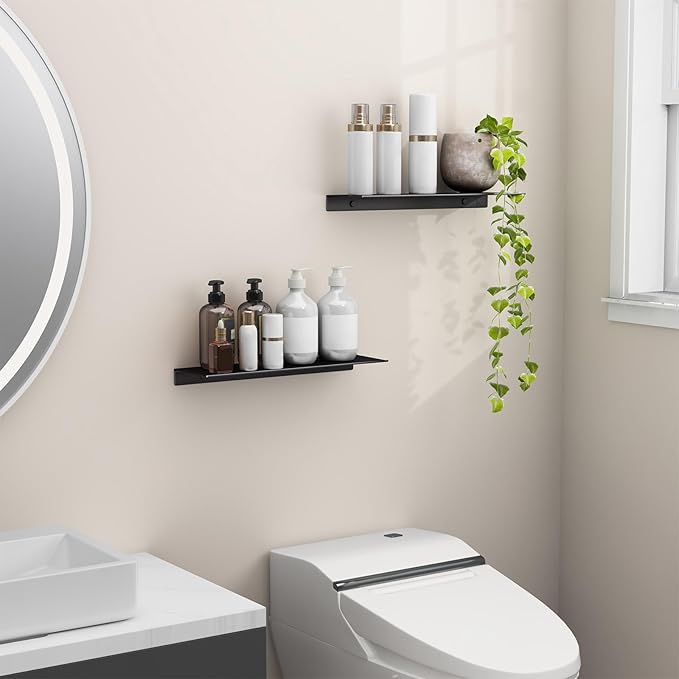 Danpoo 16 inch Metal Floating Shelves for Wall Organizer & Storage, Display Shelves for Bathroom, Living Room, Kitchen, Bedroom(Matte Black, 2-Pack)