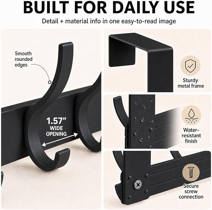 Peasulin Large Over The Door Hooks, Sturdy Door Hanger with 12 Hooks, Door Towel Rack for Bathroom, Bedroom, Kitchen, Coat Rack for Hanging, Easy to Install (Black)
