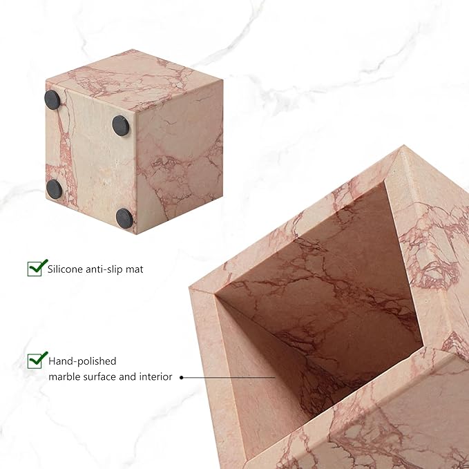Real Luxurious Natural Marble Toothbrush Holder & Makeup Brush Organizer & Pen Holder for Desk,3.93inch Square Marble Utensil Holder Non-Ceramic/Non-Resin （Pink）