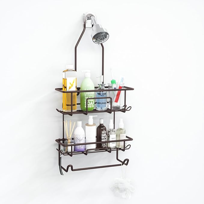 Shower Caddy Hanging over Shower Head Rust Roof Shower Organizer with 10 Hooks for Razor Shampoo Holder Bathroom Shower Rack Storage Shelf with Towel Bar – Bronze