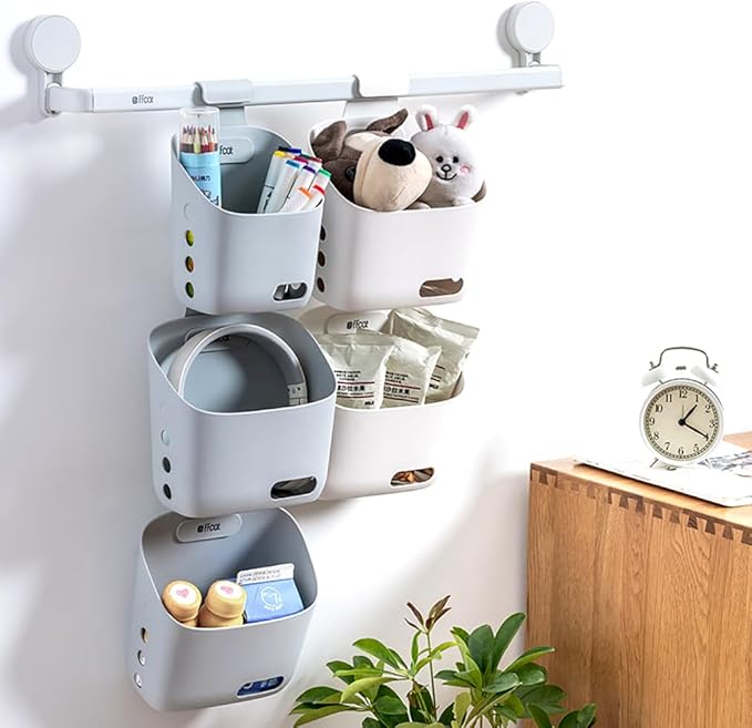 LeleCAT Plastic Hanging Basket Kitchen Storage organizer, Basket with Detachable hook, Hang it behind a door or on a railing, Over the Cabinet Door (White, Large-2 Pack)