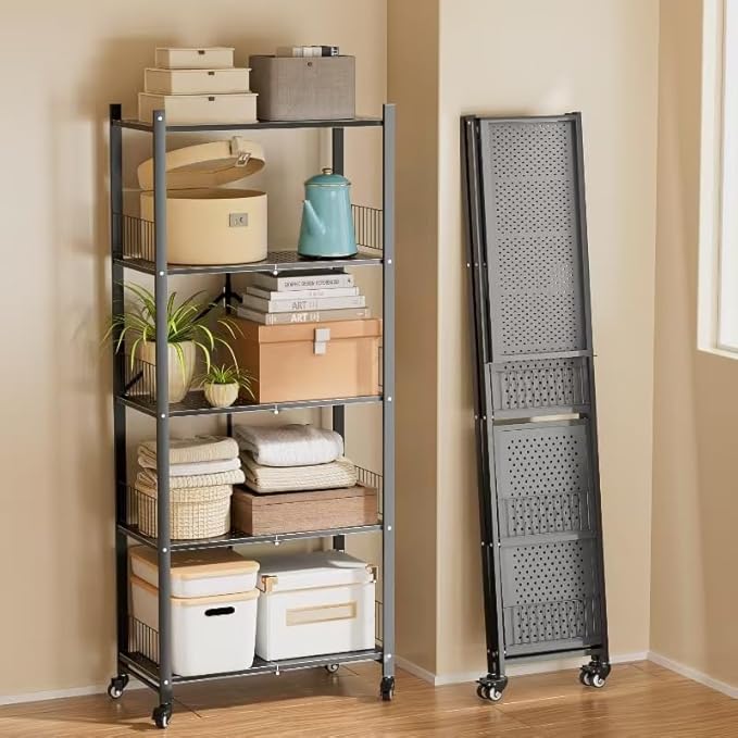 Heavy Duty Folding Shelves No Assembly, 5 Tier Metal Foldable Storage Shelves with Wheels, 220LBS Per Shelf Collapsible Rack for Garage Storage, Black