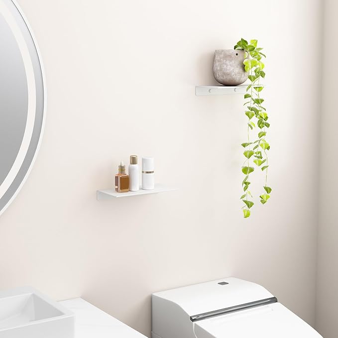 Danpoo 8 inch White Small Floating Shelves for Wall Organizer & Storage, Mini Display Shelves, Metal Wall Shelves for Bathroom, Living Room, Kitchen, Bedroom(2-Pack)