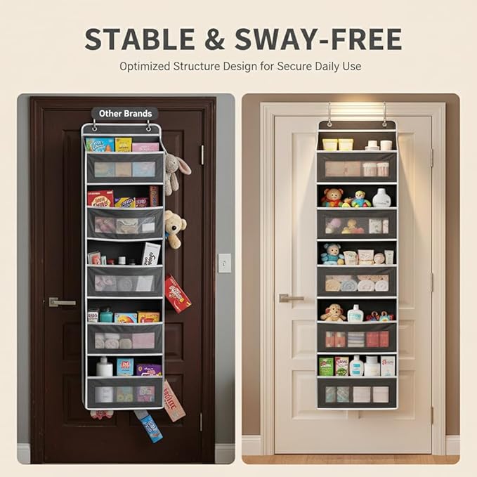SakerPlus Over The Door Organizer, 5-Tier Hanging Storage with 5 Front Pockets & 5 Side Mesh Pockets, Holds Up to 44 lb, No-Drill Door Shelf for Bathroom, Closet, Pantry, Bedroom (Grey)