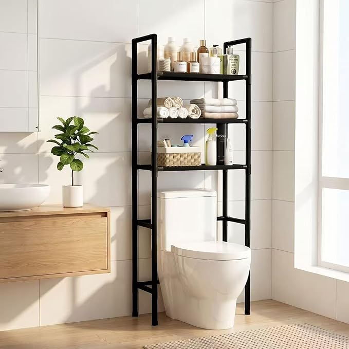 Renyqatt Over the Toilet Storage, 3-Tier Bathroom Organizer, Freestanding Above Toilet Shelf with Adjustable Feet, Space Saving, Easy Assembly, Carbon Steel Shelf, 61" H, Black