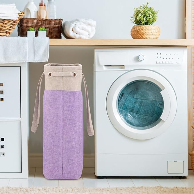 Laundry Basket with Handles Beige&Purple Slim Laundry Bin Collapsible Dirty Clothes Basket Narrow Laundry Bag Foldable Dirty Hamper for Camping, Dorms, Apartments