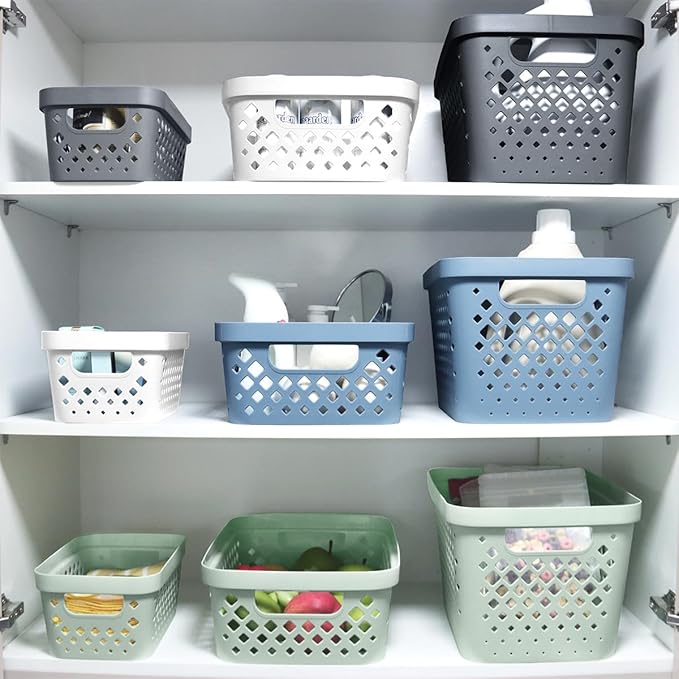 Glad Plastic Storage Basket Set, Value Pack of 6 | Open Storage Bins for Shelves, Bathroom, Pantry, Closet | Nesting Organizer Boxes with Handles, 2 Gallon, Marina Blue
