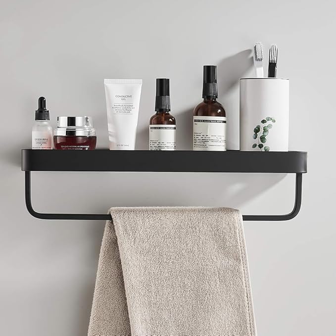 15.7 Inch Bathroom Tempered Glass Shelf with Towel Bar,Wall Mounted Aluminum Shower Organizer,Over Toilet Storage Cabinet,Matte Black,Kitchen Rectangular Vanity Rack