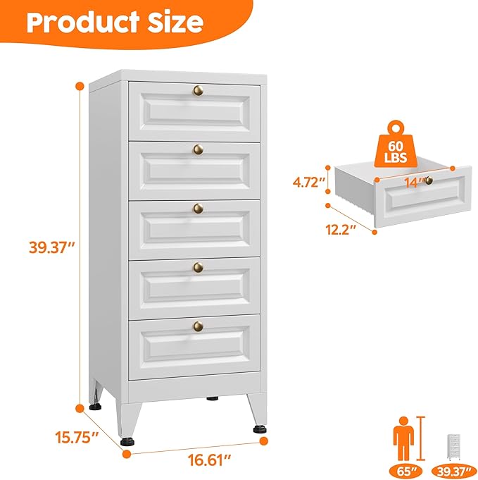 Aobabo Metal Bathroom Storage Cabinet with 5 Drawers, Steel Narrow Cabinet Organizer, Freestanding Floor Storage for Bathroom, Entryway and Living Room, Assembly Required