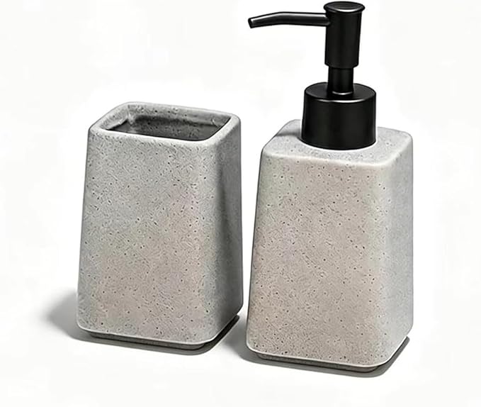 Grey Ceramic Bathroom Accessories Set 2Pieces,Soap Dispenser and Toothbrush Holder,Countertop Organizer for Stylish Bathroom