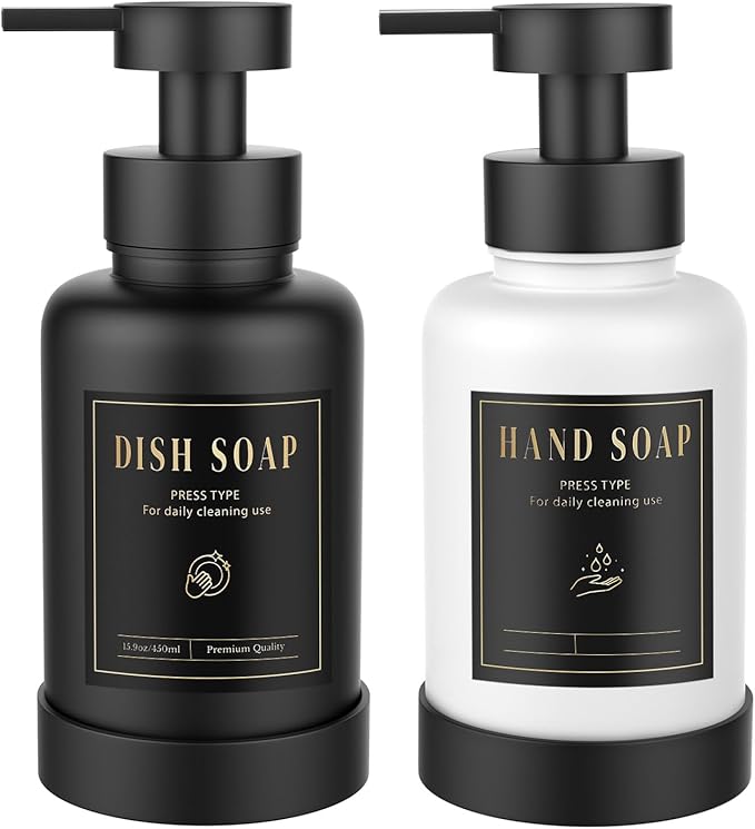 Luxspire Foaming Soap Dispenser, Glass Foam Pump Soap Dispenser, Non-Slip Hand Soap Bottle with 5 Waterproof Labels, 15 Oz Refillable Liquid Soap Bottle for Bathroom & Kitchen, Black+White, 2 Pack