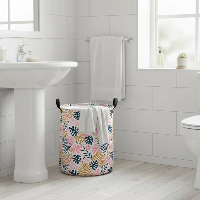 Round Pink Leaves Pattern Laundry Hamper Storage Basket Fabric Material Storage Hamper Organization Basket, Storage Bin, Gift Box with Handles for Room
