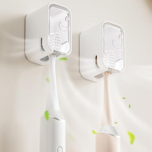 2 Pack Toothbrush Holders for Bathroom, Self Adhesive Wall Mounted Toothbrush Holder with Cover, Single Toothbrush Dispenser Storage Organizer for Family, Travel, Waterproof and Dustproof (White)