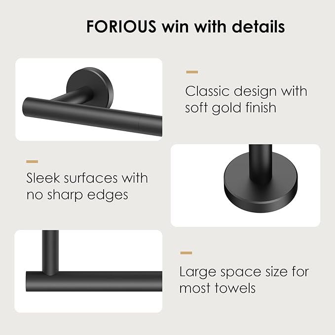 FORIOUS Towel Bar Wall Mounted, 12 inch Stainless Steel Towel Racks for Bathroom, Includes Wall Mounting Hardware (Matte Black, Total Length 14 Inch)