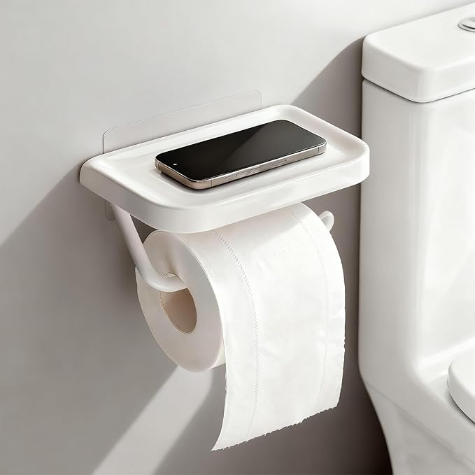 Self Adhesive Toilet Paper Holder with Shelf, No Drill Wall Mounted Bathroom Tissue Holder, Sticky TP Roll Holder with Phone Shelf for RV, White