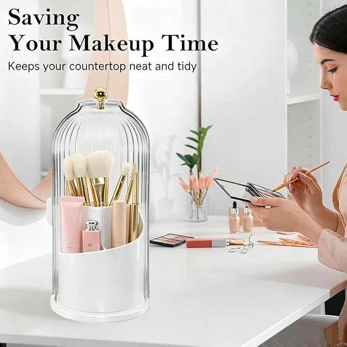 Toothbrush Holder Sliding Lid, 360° Rotating Bathroom Counter Organizer and Storage, Toothbrush and Toothpaste Holder for Bathroom Countertop, Makeup Brush Organizers for Vanity