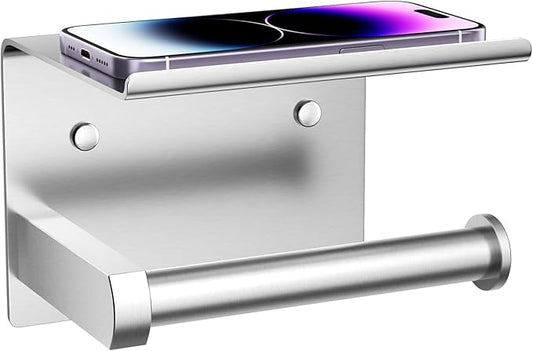 Tindbea Toilet Paper Holder with Phone Shelf, Adhesive or Screw Wall Mount Toilet Tissue Roll Holder, Rustproof & Multifunctional Stainless Steel Bathroom Storage Dispenser (Brushed Nickel)
