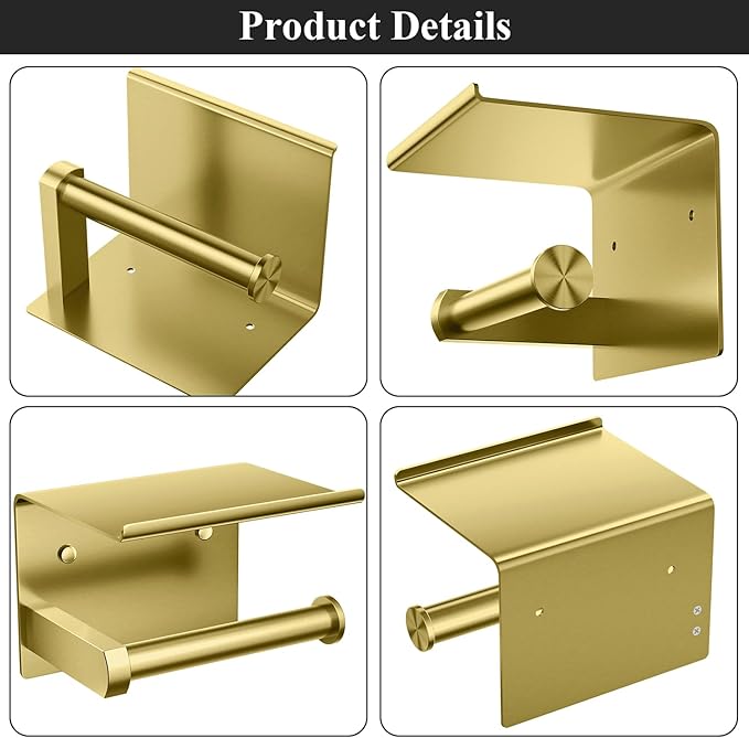 Tindbea Toilet Paper Holder Wall Mount + Towel Robe Hooks, Adhesive or Screw Wall Mounted Toilet Paper Roll Holder with Shelf, Stainless Steel Bathroom Organizers and Storage Kit (Brushed Gold)