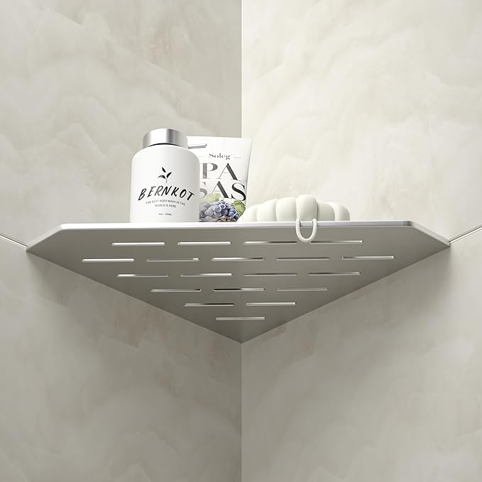 Corner Shower Shelf 10", Brushed 304 Stainless Steel Pentagonal Heavy Duty Floating Corner Shelf, Slot Design Recessed Bathroom Shelf for Tiled Wall