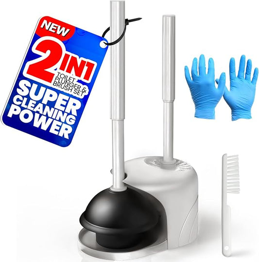 2 in 1 Toilet Brush and Plunger Set, Extended Handle Plunger,Toilet Bowl Brush Plunger Set,Gap Brush，Cleaning Gloves，Bathroom Cleaning Tools，Toilet Brush Plunger Combo，Light Grey