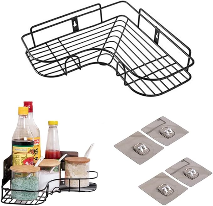 1-Shelf Modern Black Iron Corner Shower Caddy, Strong & Durable, No Drill Wall Mounted Shower Shelf for Bathroom, Kitchen, Bedroom, Office