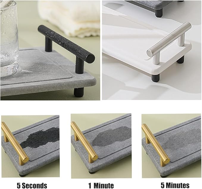 Instant Dry Sink Caddy Organizer,Diatomaceous Earth Bathroom Organizer with Handle Water Absorbing Stone Tray for Sink Water Absorbent Diatomite Coasters (S White Black Handle)