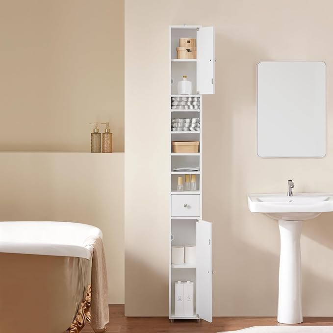 Haotian Bathroom Skinny Tall Storage Cabinet, Slim Stand Narrow Tower Cabinet with Adjustable Shelves for Small Spaces, White BZR167-GW